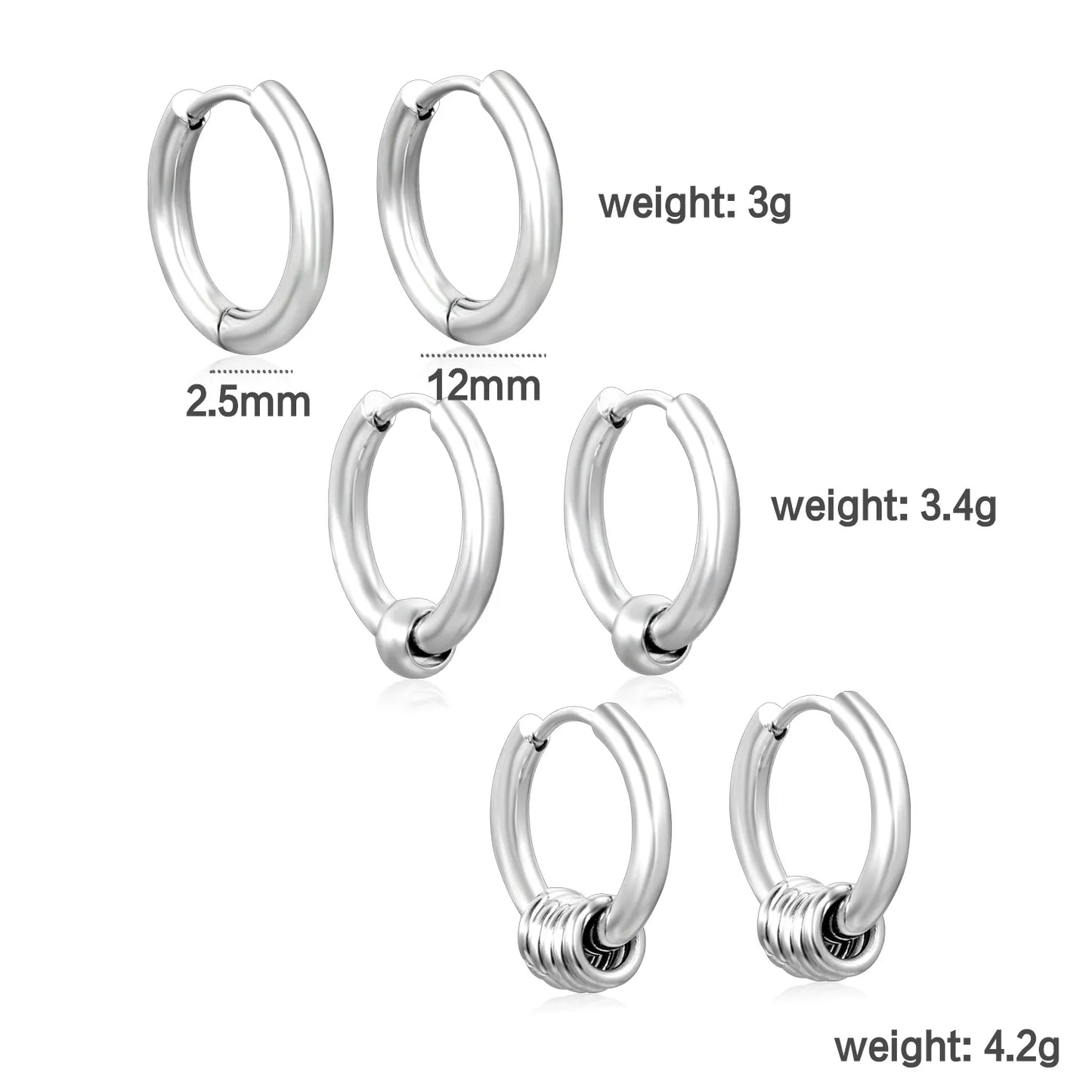 Wholesale 12mm 3-Style Silver Hoop Earrings Set | Hypoallergenic Stainless Steel | Minimalist & Layered Design Jewelry