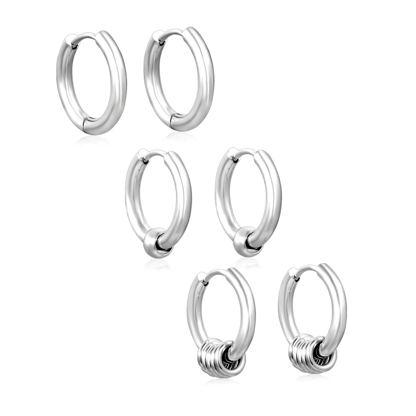 Wholesale 12mm 3-Style Silver Hoop Earrings Set | Hypoallergenic Stainless Steel | Minimalist & Layered Design Jewelry