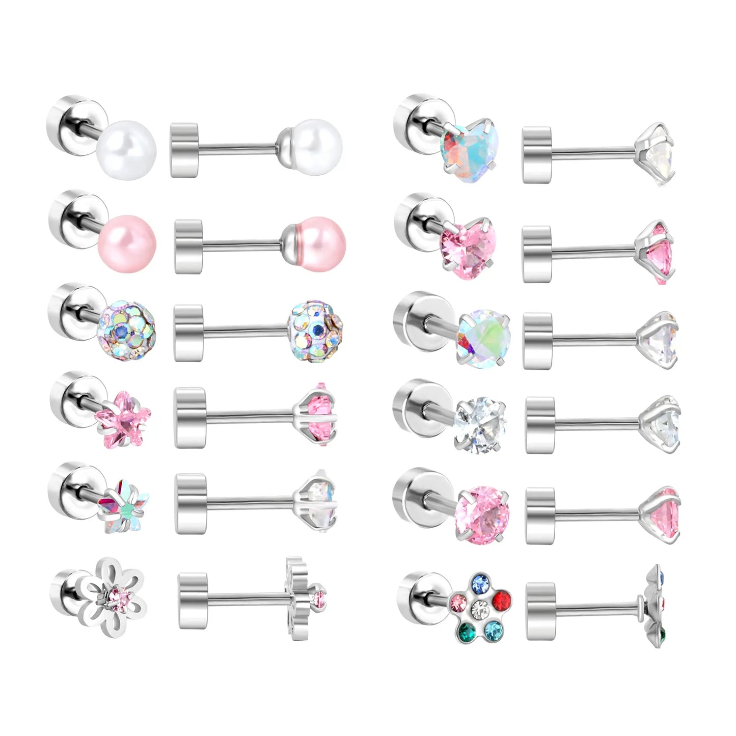 Wholesale 12-Piece 4mm/6mm Stud Earring Set | Hypoallergenic Stainless Steel | Pearl & Crystal Multi-Style Jewelry