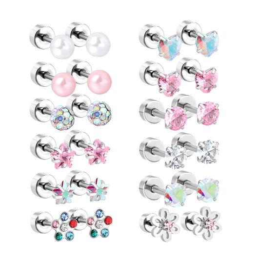 Wholesale 12-Piece 4mm/6mm Stud Earring Set | Hypoallergenic Stainless Steel | Pearl & Crystal Multi-Style Jewelry