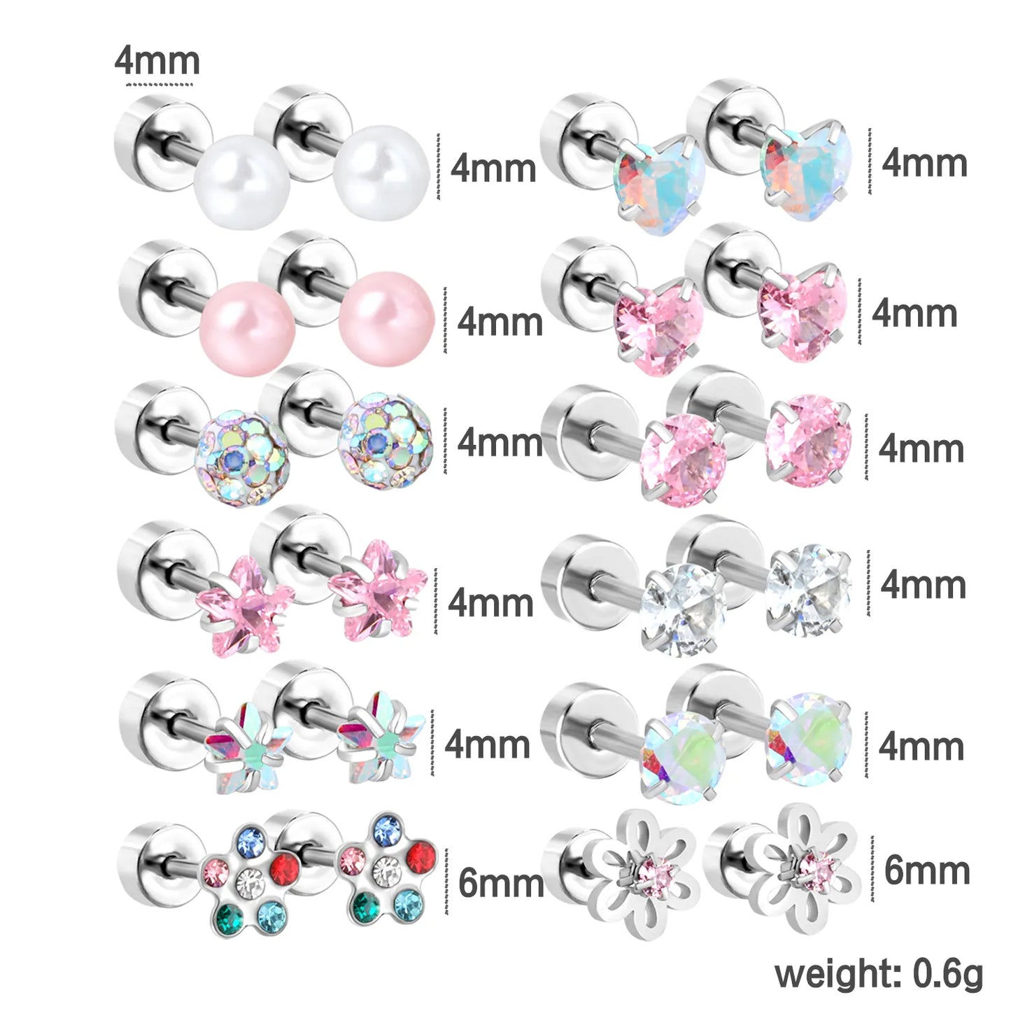 Wholesale 12-Piece 4mm/6mm Stud Earring Set | Hypoallergenic Stainless Steel | Pearl & Crystal Multi-Style Jewelry