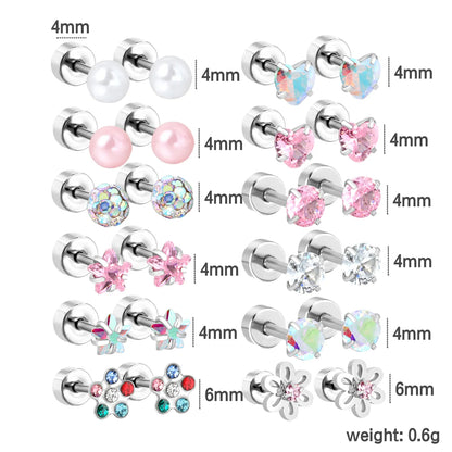 Wholesale 12-Piece 4mm/6mm Stud Earring Set | Hypoallergenic Stainless Steel | Pearl & Crystal Multi-Style Jewelry