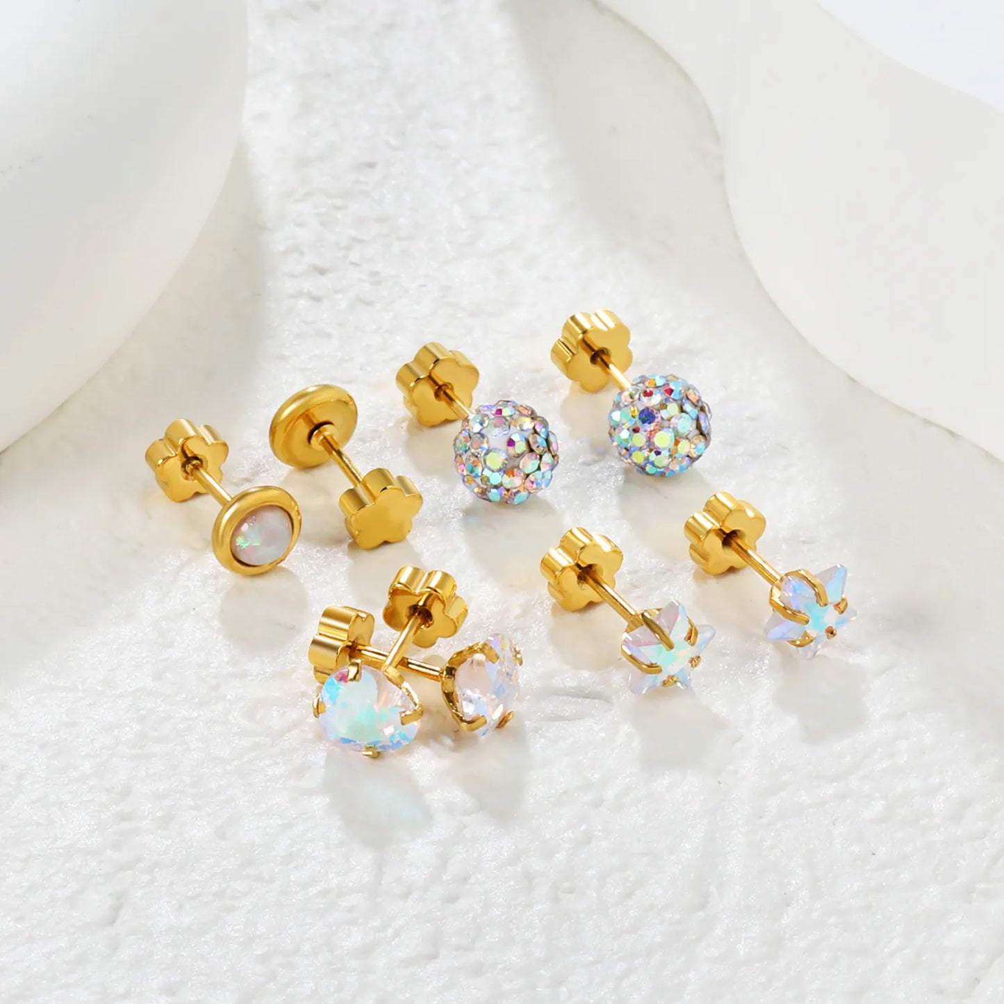 Wholesale 6mm 4-Style Opal Accent Gold Stud Earrings Set | 18K Gold Plated | Hypoallergenic Stainless Steel Jewelry