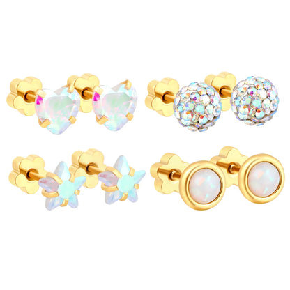 Wholesale 6mm 4-Style Opal Accent Gold Stud Earrings Set | 18K Gold Plated | Hypoallergenic Stainless Steel Jewelry