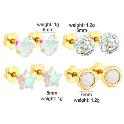 Wholesale 6mm 4-Style Opal Accent Gold Stud Earrings Set | 18K Gold Plated | Hypoallergenic Stainless Steel Jewelry