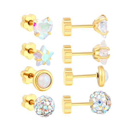 Wholesale 6mm 4-Style Opal Accent Gold Stud Earrings Set | 18K Gold Plated | Hypoallergenic Stainless Steel Jewelry