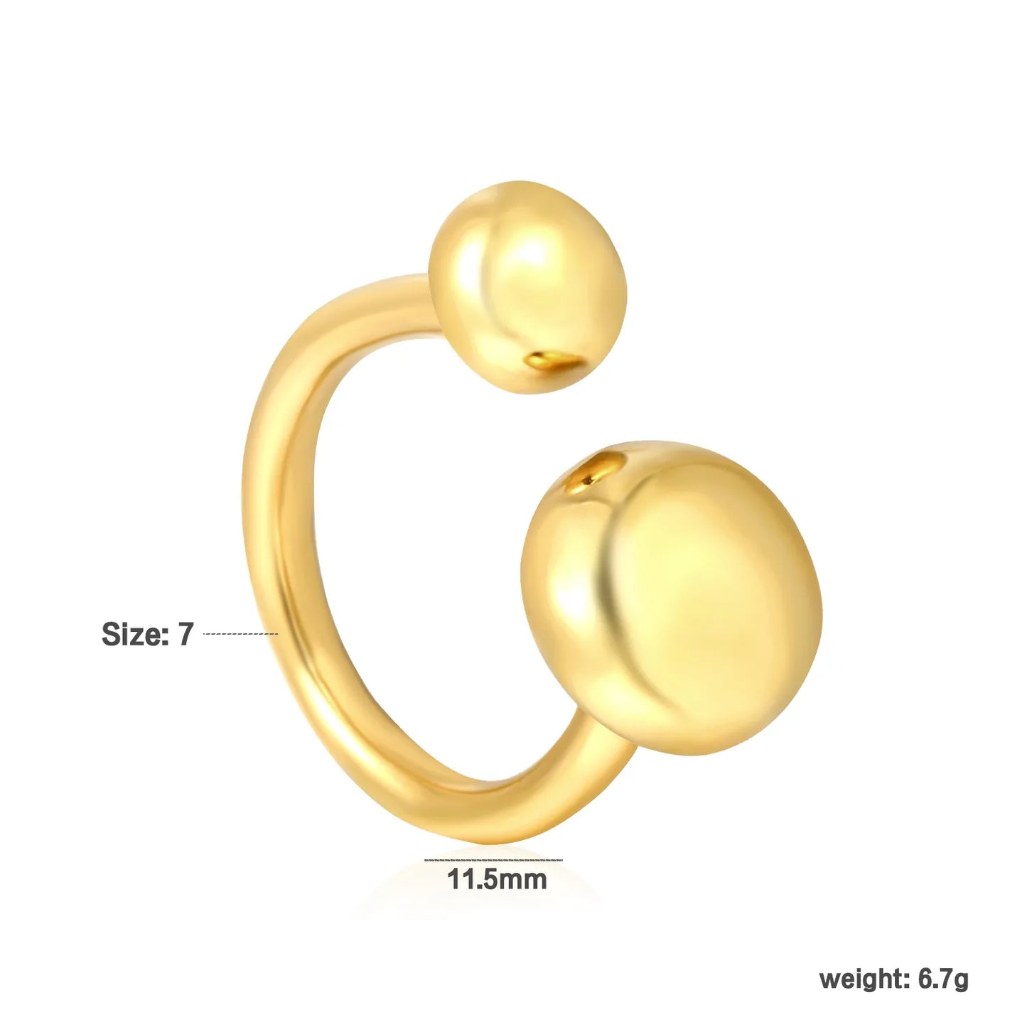 Wholesale Size 7 Gold Double-Ball Open Cuff Ring | 18K Gold Plated | Minimalist Statement Jewelry