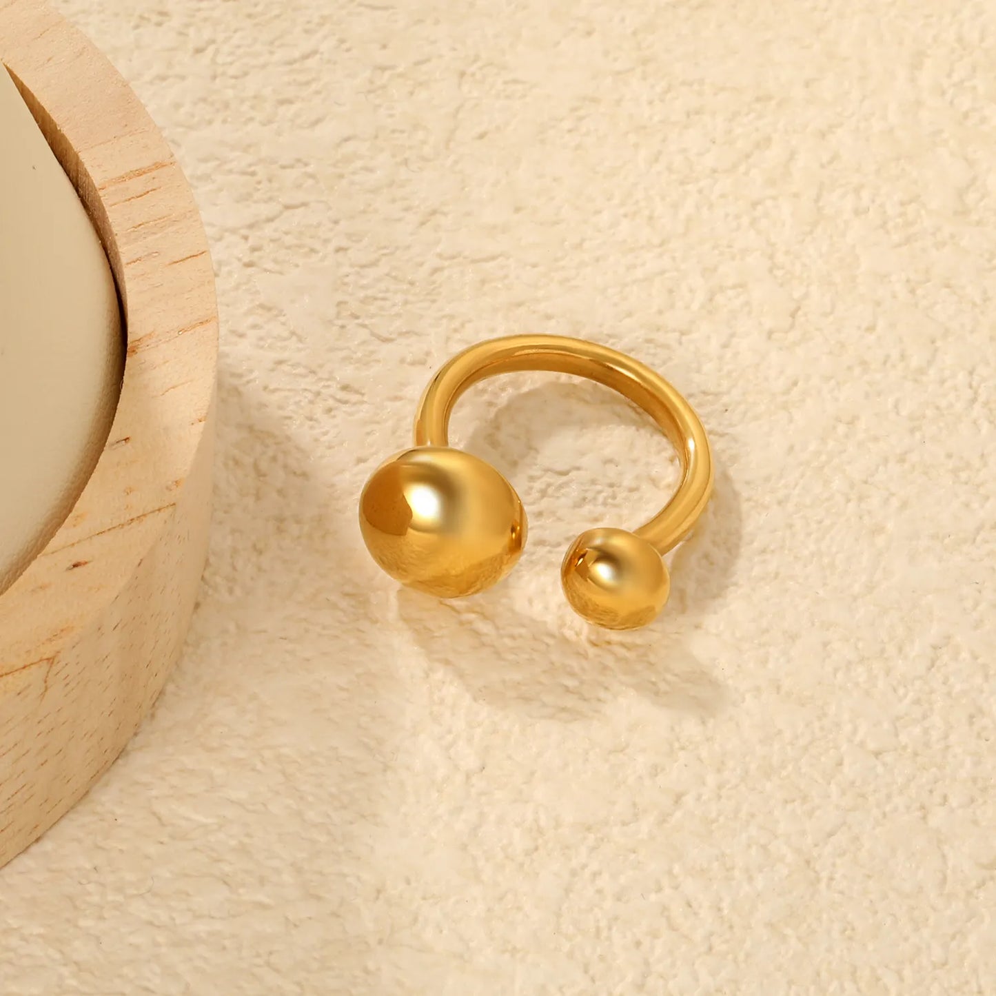 Wholesale Size 7 Gold Double-Ball Open Cuff Ring | 18K Gold Plated | Minimalist Statement Jewelry