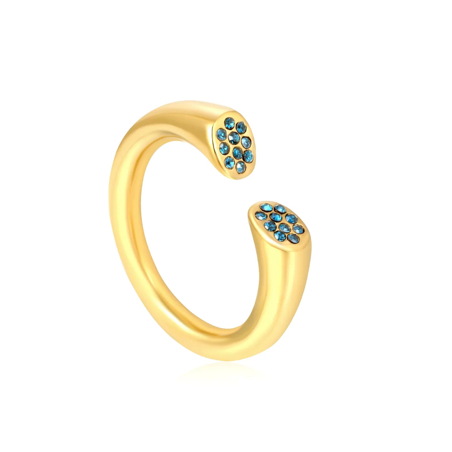 18K Gold Plated Wholesale Gold Open Cuff Ring with Blue Rhinestone | MOQ 12