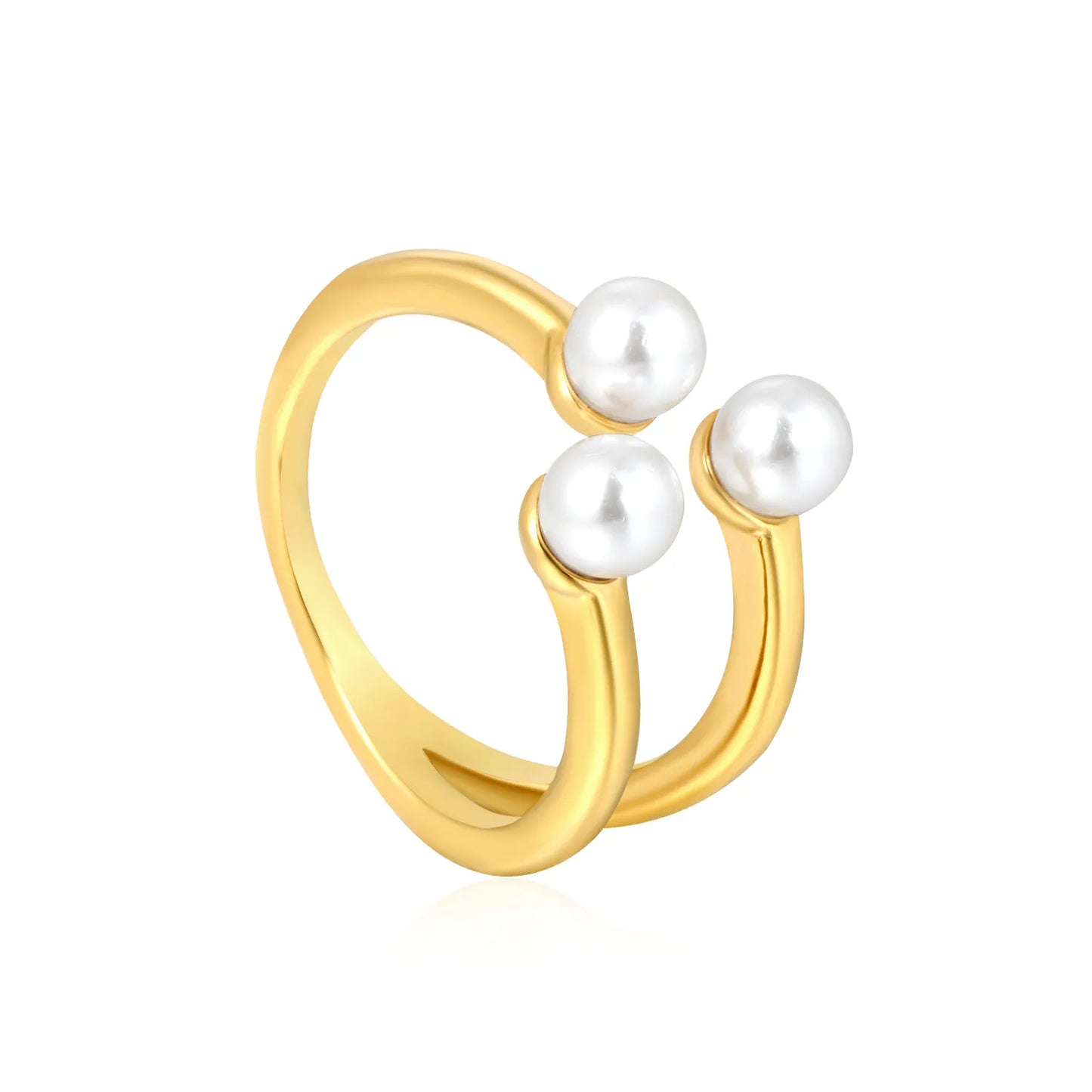 Wholesale Size 7 Two-Tone (Silver/Gold) Triple Pearl Double-Band Ring | Hypoallergenic Stainless Steel | Elegant Minimalist Jewelry