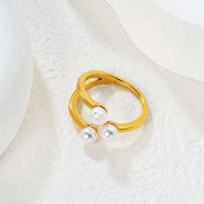 Wholesale Size 7 Two-Tone (Silver/Gold) Triple Pearl Double-Band Ring | Hypoallergenic Stainless Steel | Elegant Minimalist Jewelry
