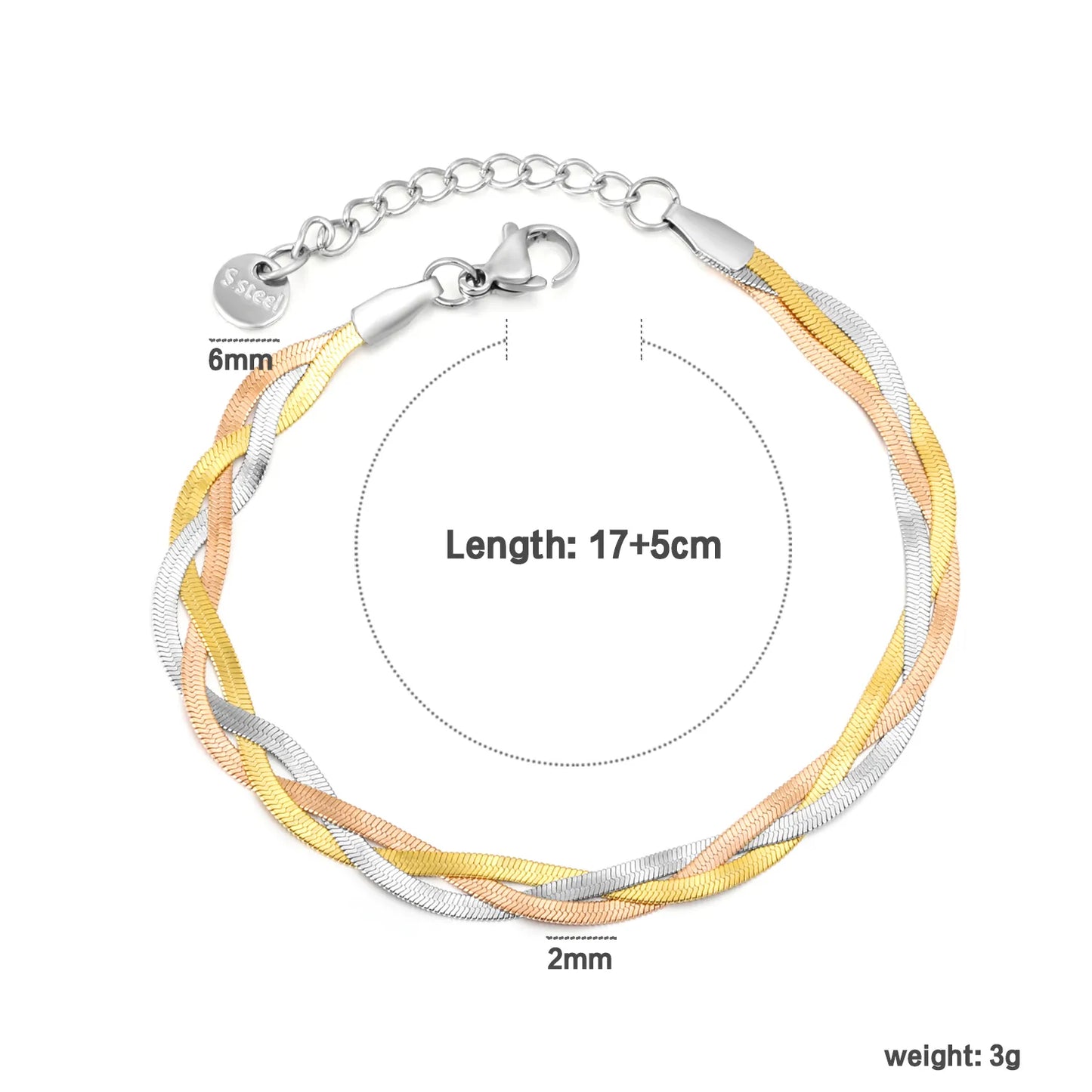 Wholesale 17+5cm Three-Tone Braided Snake Chain Bracelet | Stainless Steel MOQ 12