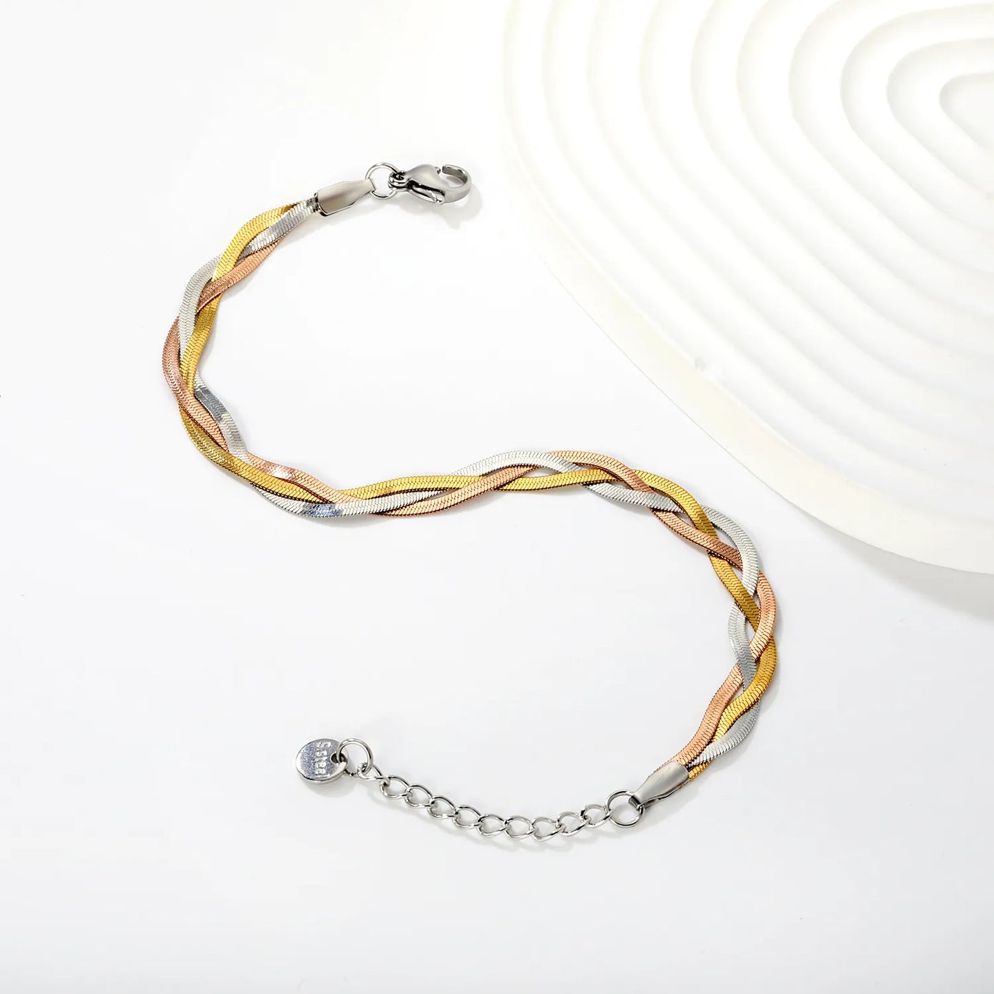 Wholesale 17+5cm Three-Tone Braided Snake Chain Bracelet | Stainless Steel MOQ 12