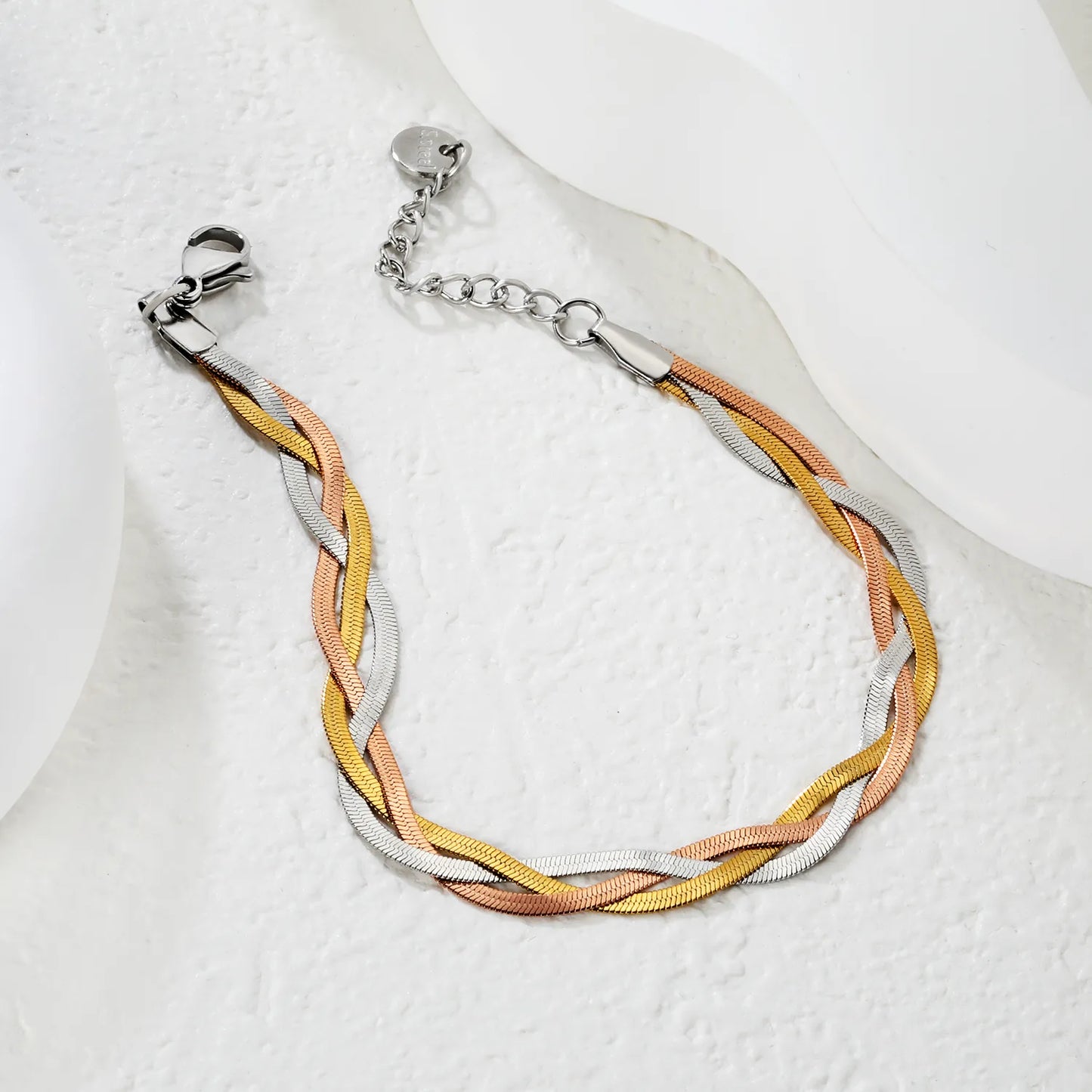 Wholesale 17+5cm Three-Tone Braided Snake Chain Bracelet | Stainless Steel MOQ 12