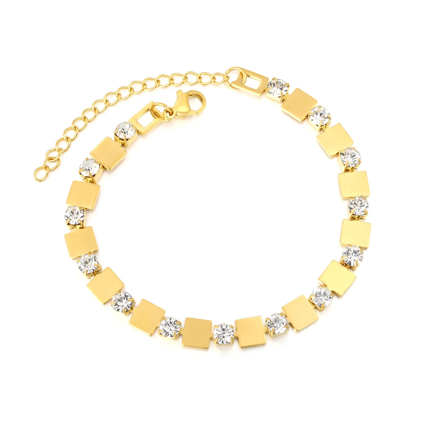 Wholesale Bulk Order 18+5cm Gold Square & Crystal Link Bracelet | MOQ 12 | 18K Gold Plated Adjustable Statement Jewelry