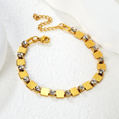 Wholesale Bulk Order 18+5cm Gold Square & Crystal Link Bracelet | MOQ 12 | 18K Gold Plated Adjustable Statement Jewelry