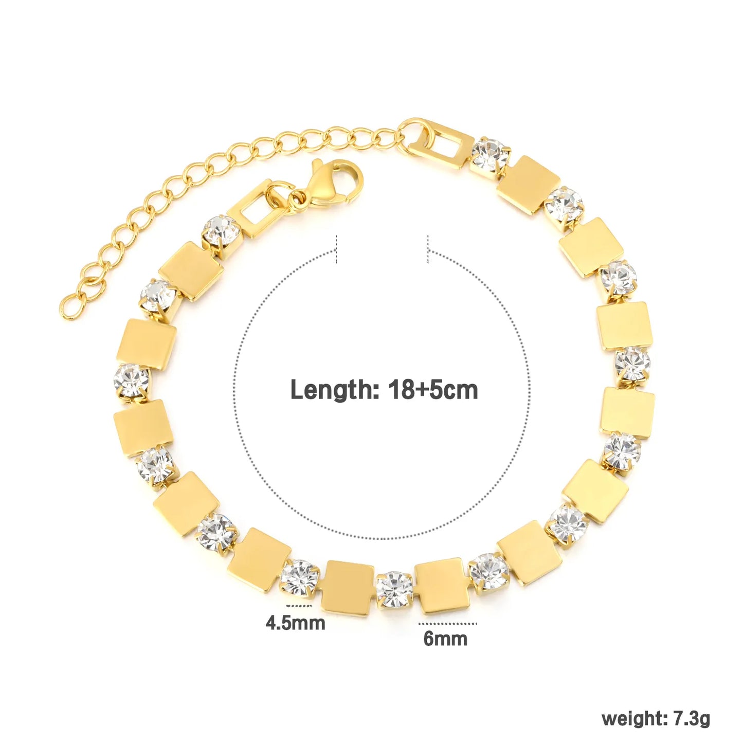 Wholesale Bulk Order 18+5cm Gold Square & Crystal Link Bracelet | MOQ 12 | 18K Gold Plated Adjustable Statement Jewelry