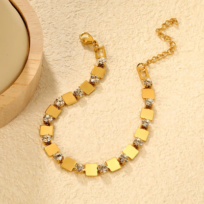 Wholesale Bulk Order 18+5cm Gold Square & Crystal Link Bracelet | MOQ 12 | 18K Gold Plated Adjustable Statement Jewelry