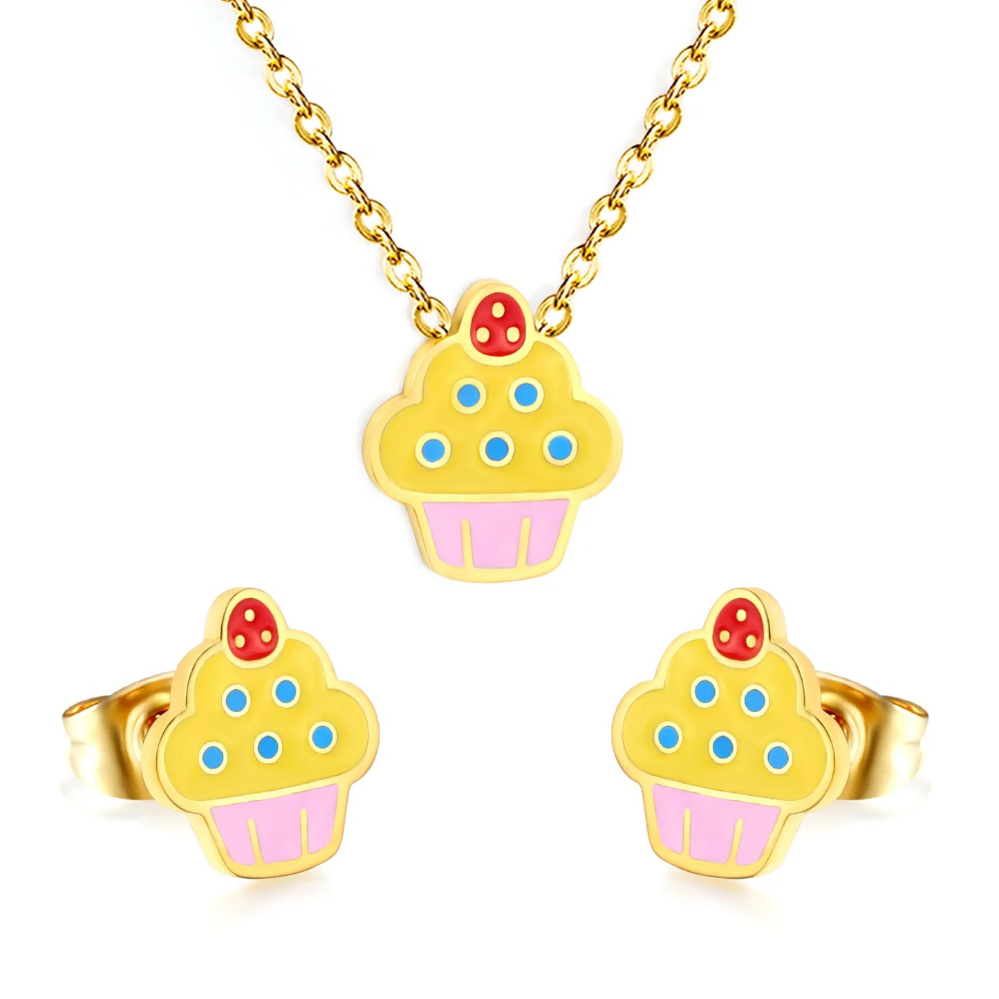 Color Enamel Cupcake Cartoon Matching Jewelry Set Necklace & Stud Earrings | Kids Dessert Themed Accessory Kit | 40+5cm Adjustable Cable Chain