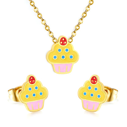 Color Enamel Cupcake Cartoon Matching Jewelry Set Necklace & Stud Earrings | Kids Dessert Themed Accessory Kit | 40+5cm Adjustable Cable Chain