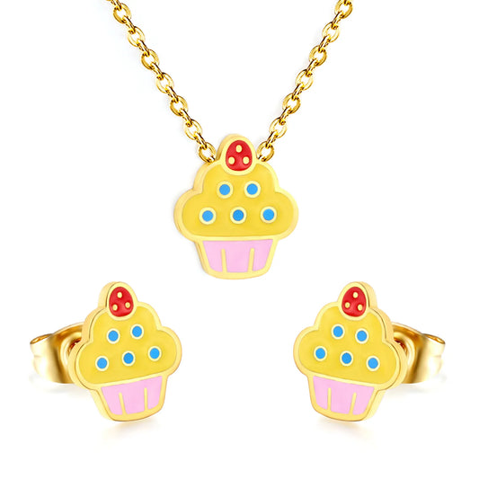 Color Enamel Cupcake Cartoon Matching Jewelry Set Necklace & Stud Earrings | Kids Dessert Themed Accessory Kit | 40+5cm Adjustable Cable Chain