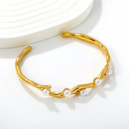 18K Gold Plated Irregular Twisted Branch 5pcs Pearl Open Cuff Bangle | legant Nature Inspired Statement Bracelet Wholesale MOQ 12