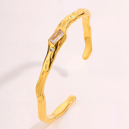 Irregular Hammered Texture Rectangle Zircon Open Cuff Bangle | 18K Gold Plated Hypoallergenic Stainless Steel | Wholesale Bulk Order MOQ 12