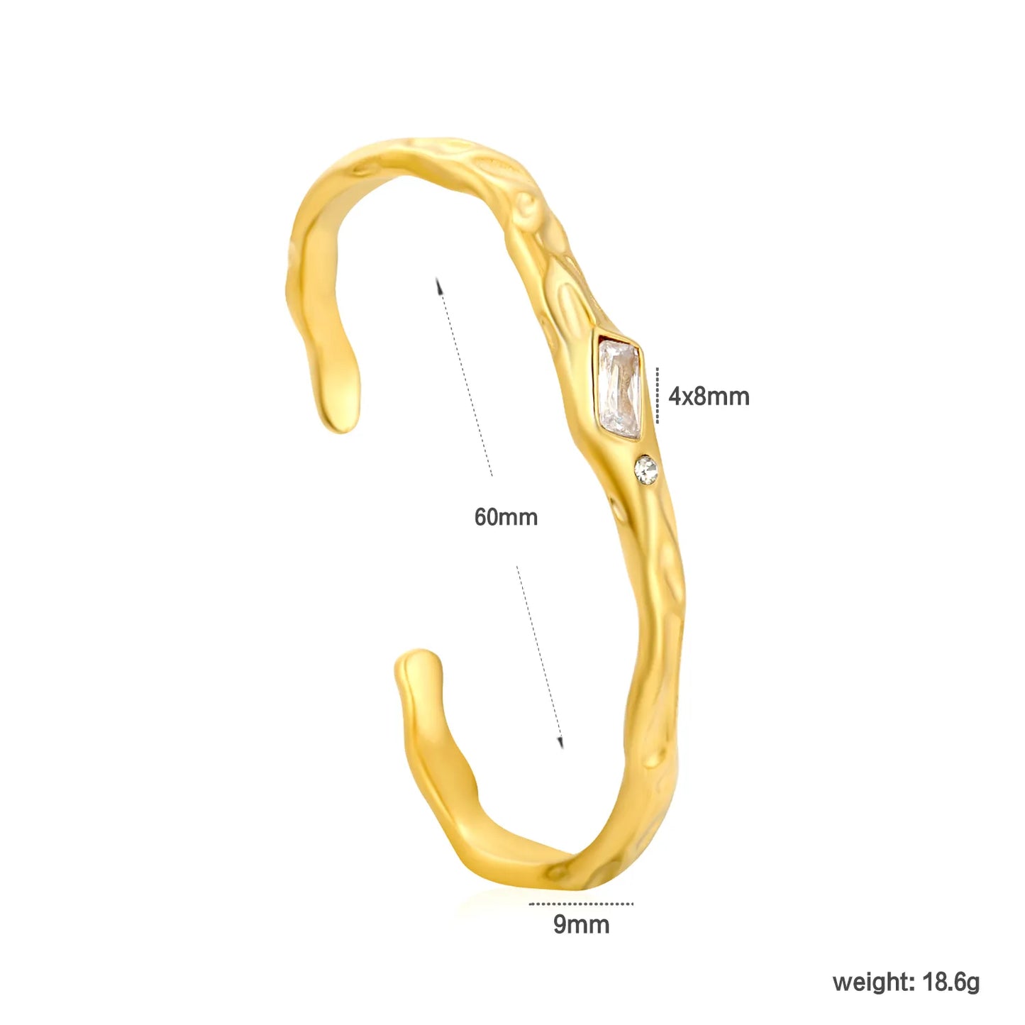 Irregular Hammered Texture Rectangle Zircon Open Cuff Bangle | 18K Gold Plated Hypoallergenic Stainless Steel | Wholesale Bulk Order MOQ 12