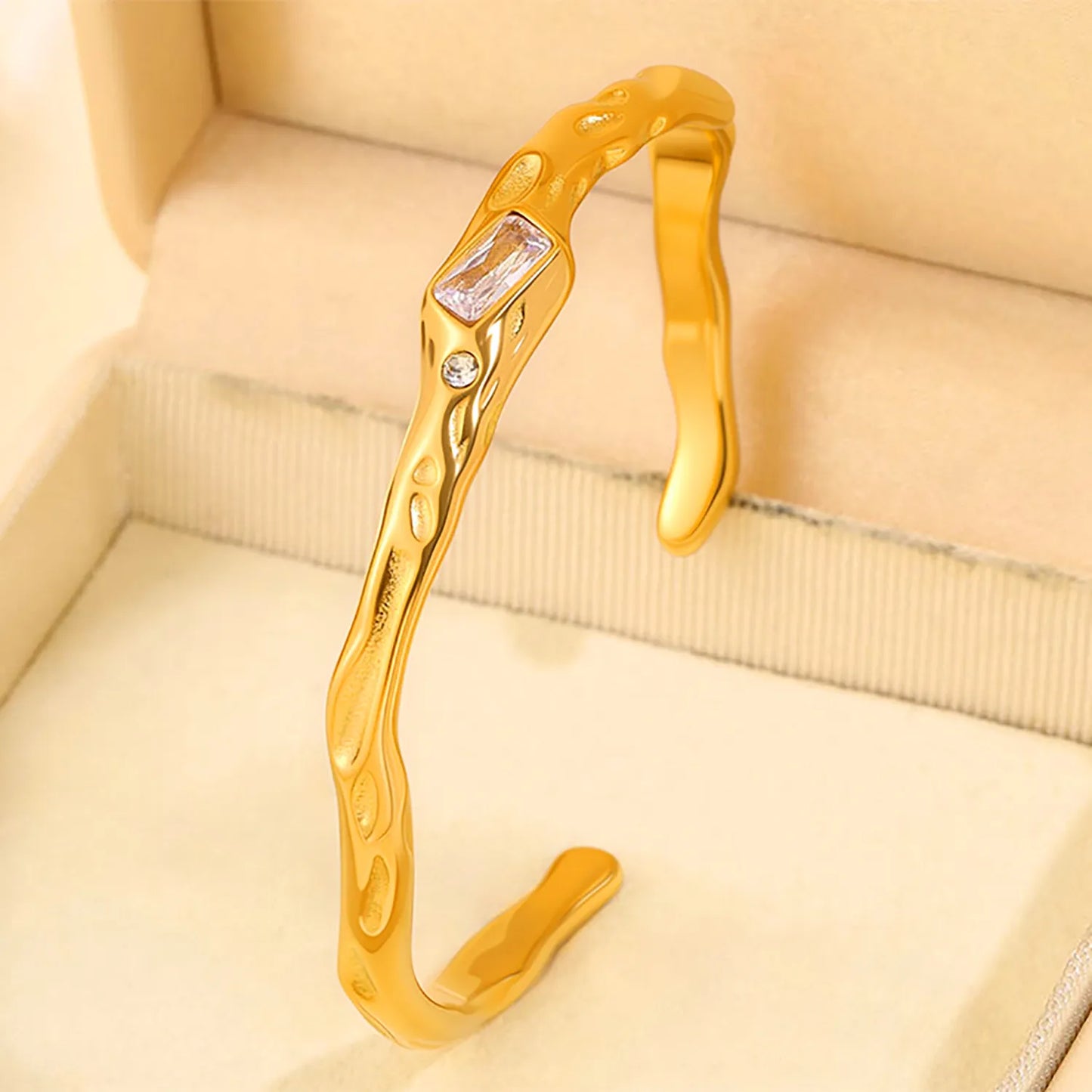 Irregular Hammered Texture Rectangle Zircon Open Cuff Bangle | 18K Gold Plated Hypoallergenic Stainless Steel | Wholesale Bulk Order MOQ 12