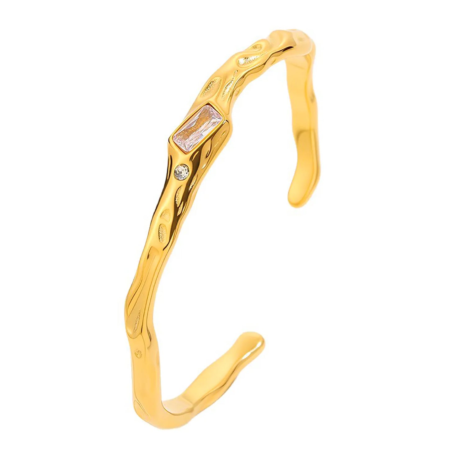 Irregular Hammered Texture Rectangle Zircon Open Cuff Bangle | 18K Gold Plated Hypoallergenic Stainless Steel | Wholesale Bulk Order MOQ 12