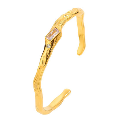 Irregular Hammered Texture Rectangle Zircon Open Cuff Bangle | 18K Gold Plated Hypoallergenic Stainless Steel | Wholesale Bulk Order MOQ 12
