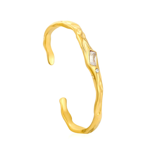 Irregular Hammered Texture Rectangle Zircon Open Cuff Bangle | 18K Gold Plated Hypoallergenic Stainless Steel | Wholesale Bulk Order MOQ 12