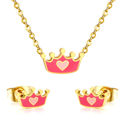 Two-Tone Pink Enamel Heart Crown Jewelry Set Necklace & Stud Earrings | Kids Princess Matching Accessory Kit
