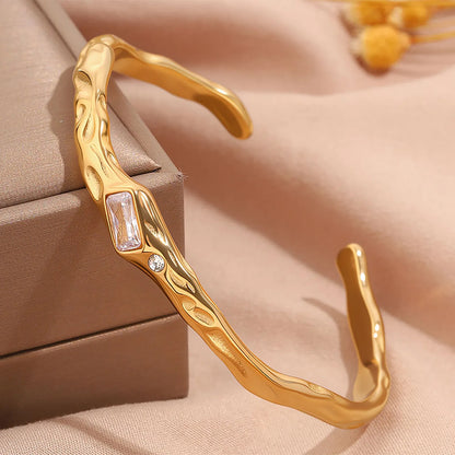 Irregular Hammered Texture Rectangle Zircon Open Cuff Bangle | 18K Gold Plated Hypoallergenic Stainless Steel | Wholesale Bulk Order MOQ 12