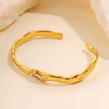 Irregular Hammered Texture Rectangle Zircon Open Cuff Bangle | 18K Gold Plated Hypoallergenic Stainless Steel | Wholesale Bulk Order MOQ 12