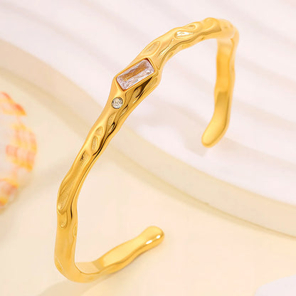 Irregular Hammered Texture Rectangle Zircon Open Cuff Bangle | 18K Gold Plated Hypoallergenic Stainless Steel | Wholesale Bulk Order MOQ 12