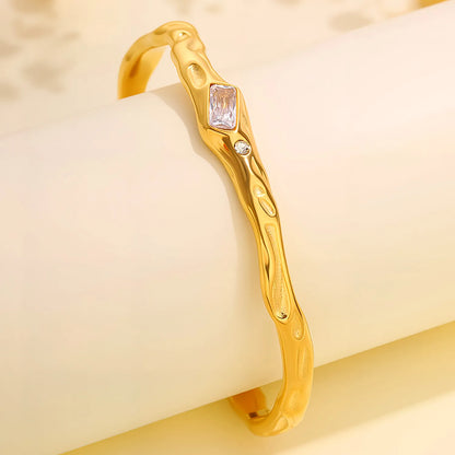 Irregular Hammered Texture Rectangle Zircon Open Cuff Bangle | 18K Gold Plated Hypoallergenic Stainless Steel | Wholesale Bulk Order MOQ 12