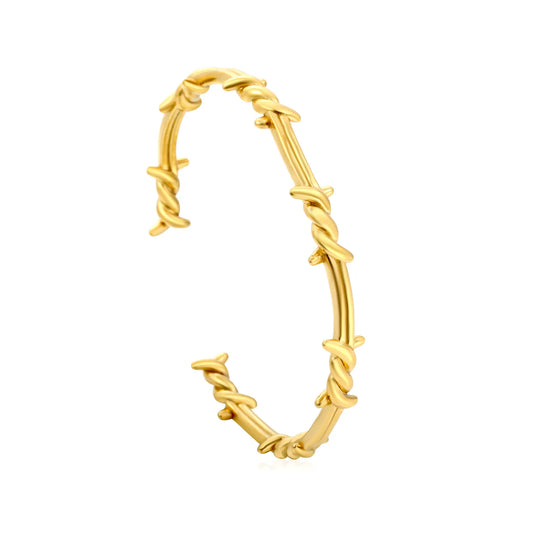 Barbed Wire Open Cuff Bangle | 18K Gold Plated Hypoallergenic Stainless Steel | Edgy Gothic Statement Open Bracelet Wholesale Bulk Supply