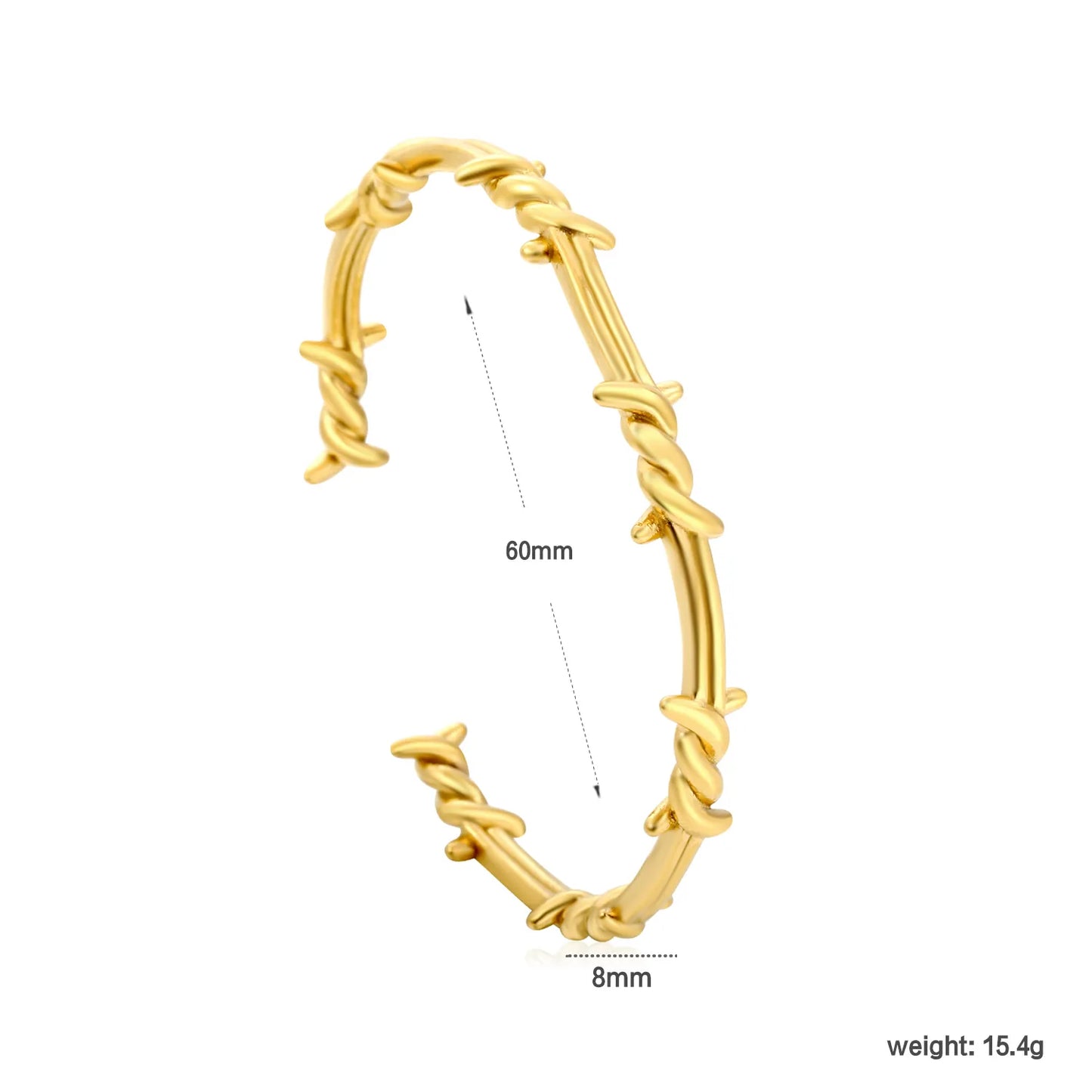 Barbed Wire Open Cuff Bangle | 18K Gold Plated Hypoallergenic Stainless Steel | Edgy Gothic Statement Open Bracelet Wholesale Bulk Supply