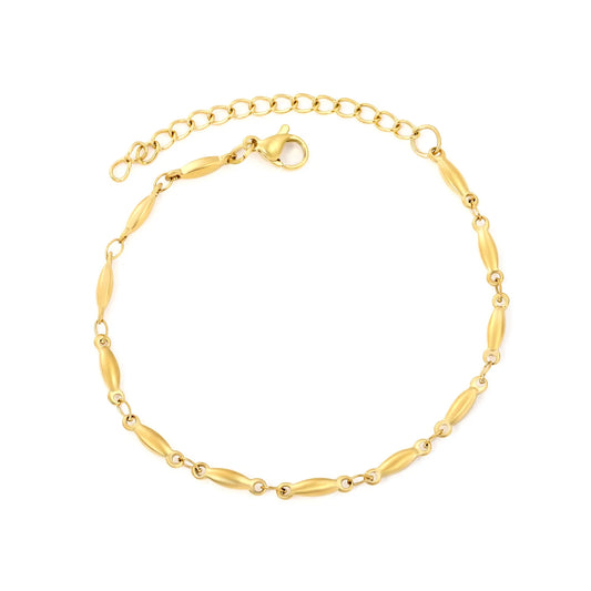 Matte Oval Rice Link Station Bracelet | Adjustable Extension Chain | 18K Gold Plated Hypoallergenic Stainless Steel | Minimalist Sleek Daily Stackable Bracelet Wholesale Bulk Supply