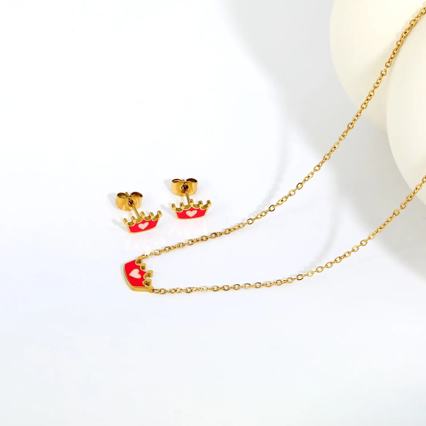 Two-Tone Pink Enamel Heart Crown Jewelry Set Necklace & Stud Earrings | Kids Princess Matching Accessory Kit