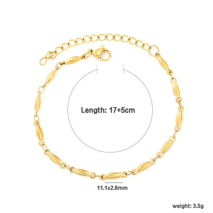 Matte Oval Rice Link Station Bracelet | Adjustable Extension Chain | 18K Gold Plated Hypoallergenic Stainless Steel | Minimalist Sleek Daily Stackable Bracelet Wholesale Bulk Supply