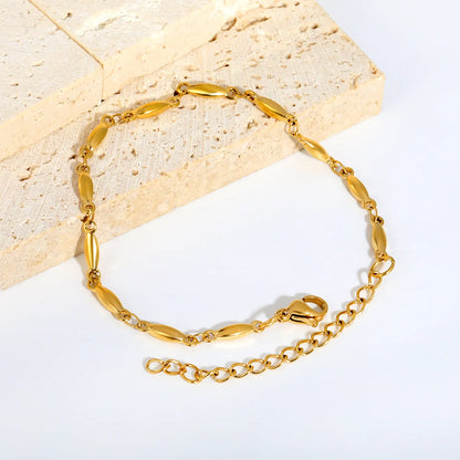 Matte Oval Rice Link Station Bracelet | Adjustable Extension Chain | 18K Gold Plated Hypoallergenic Stainless Steel | Minimalist Sleek Daily Stackable Bracelet Wholesale Bulk Supply