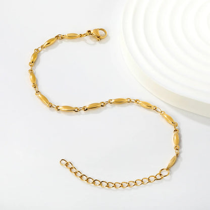 Matte Oval Rice Link Station Bracelet | Adjustable Extension Chain | 18K Gold Plated Hypoallergenic Stainless Steel | Minimalist Sleek Daily Stackable Bracelet Wholesale Bulk Supply