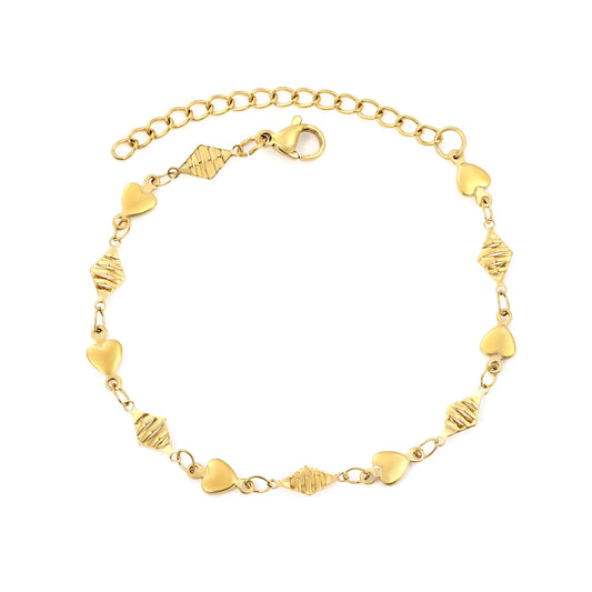 Alternating Smooth Heart & Textured Rhombus Station Romantic Minimalist  Bracelet | Wholesale Order MOQ 12