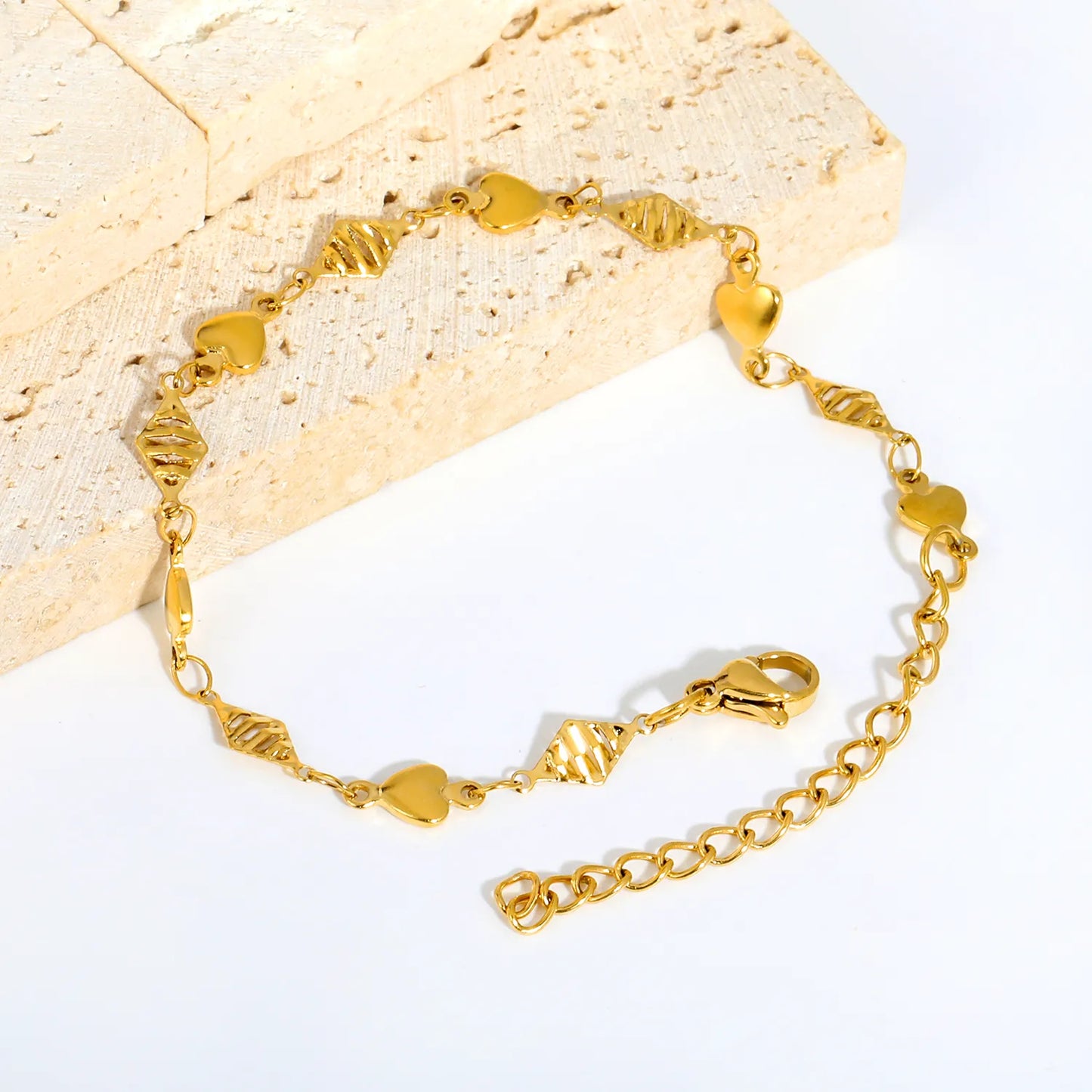 Alternating Smooth Heart & Textured Rhombus Station Romantic Minimalist  Bracelet | Wholesale Order MOQ 12