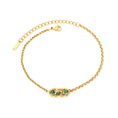 Dainty Vintage Textured Oval Frame Natural Green Stone Bead Rolo Chain Bracelet | Bulk Order MOQ 12