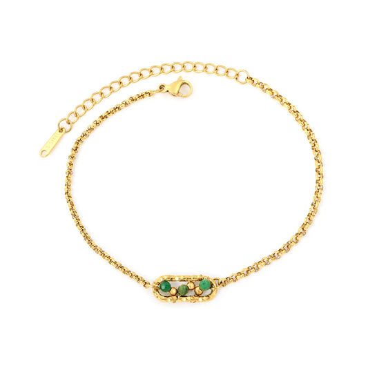 Dainty Vintage Textured Oval Frame Natural Green Stone Bead Rolo Chain Bracelet | Bulk Order MOQ 12