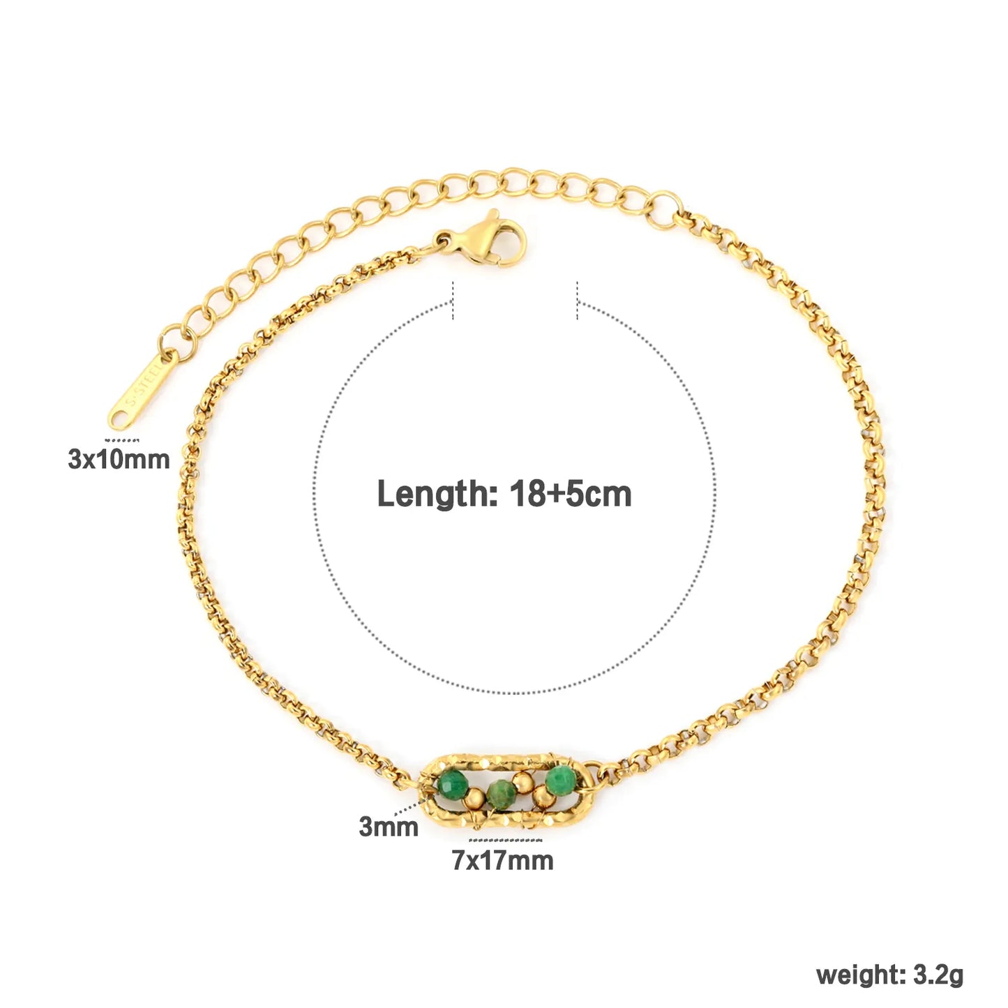 Dainty Vintage Textured Oval Frame Natural Green Stone Bead Rolo Chain Bracelet | Bulk Order MOQ 12