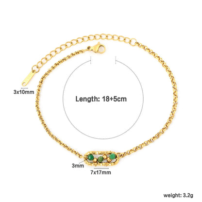 Dainty Vintage Textured Oval Frame Natural Green Stone Bead Rolo Chain Bracelet | Bulk Order MOQ 12